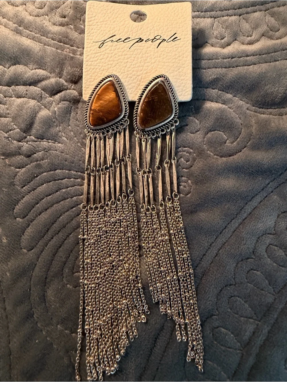 Free People Silver Fringe Earrings with Brown Stone Teardrops